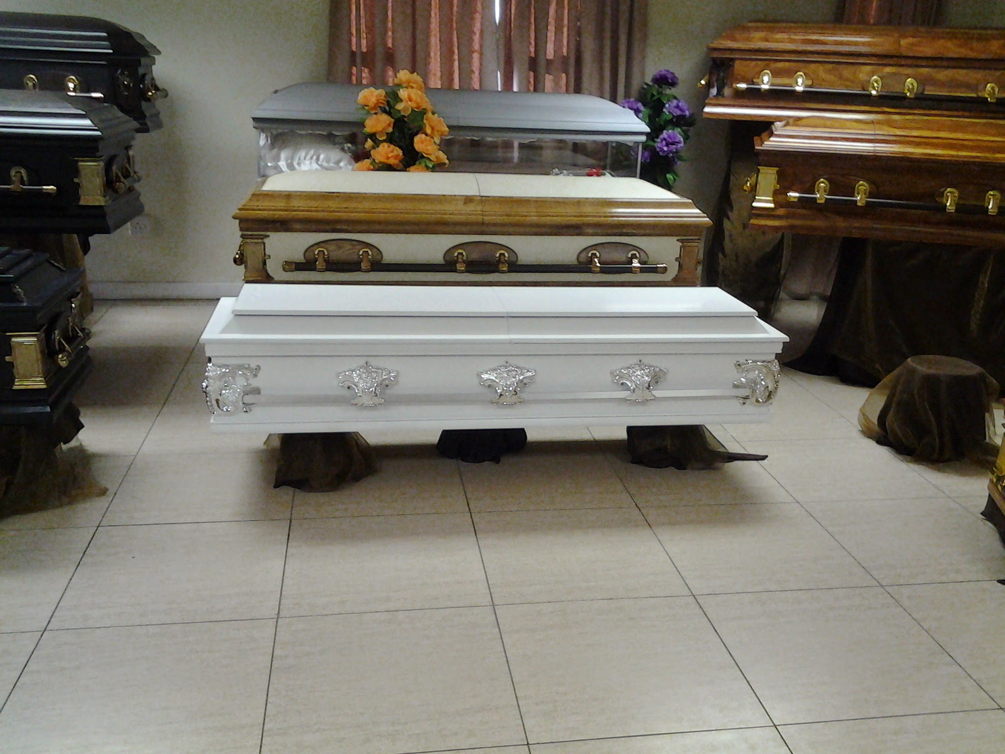 Caskets on display in the Senatla Funeral Services showroom